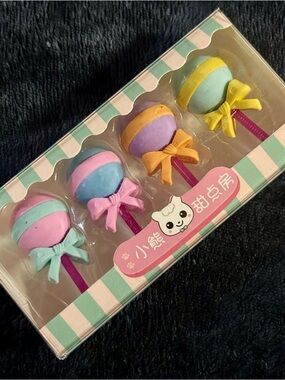Kawaii Lollipop Eraser Set Bear Cake Shop Pastel Stationery New